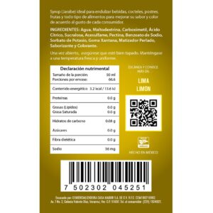 Mexclaito Glitter Jarabe/Syrop Sabor Lima - Limón 1 Litro - etiqueta trasera con información nutrimental